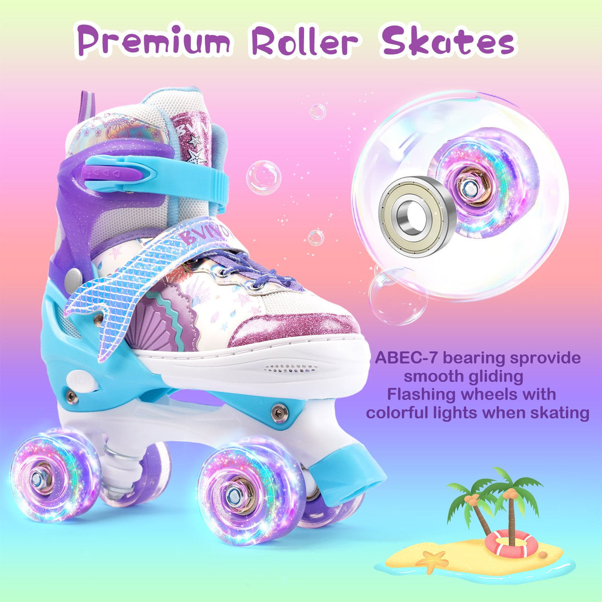 BVIVOK Adjustable Kids Roller Skates for Girls with Light up Wheels, Purple, Size 10C-13C